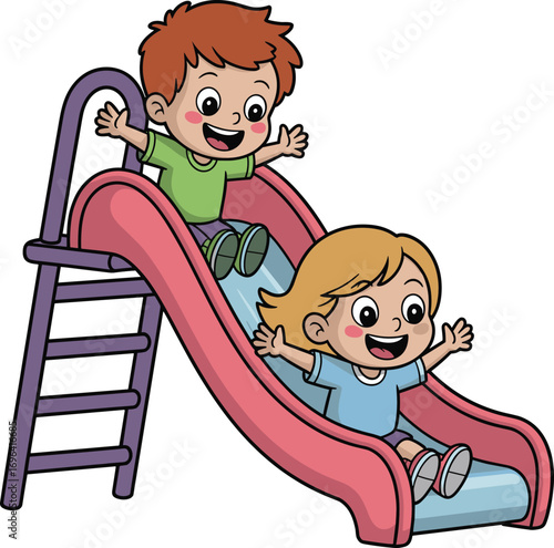 Joyful children sliding down a pink playground slide with happy expressions