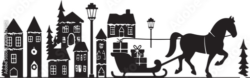 Black silhouette of a horse pulling a sleigh filled with gifts through a snowy village at night Christmas