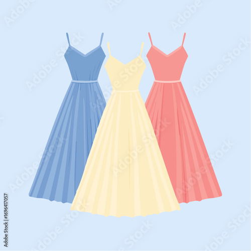 Three Pastel Summer Dresses on Blue