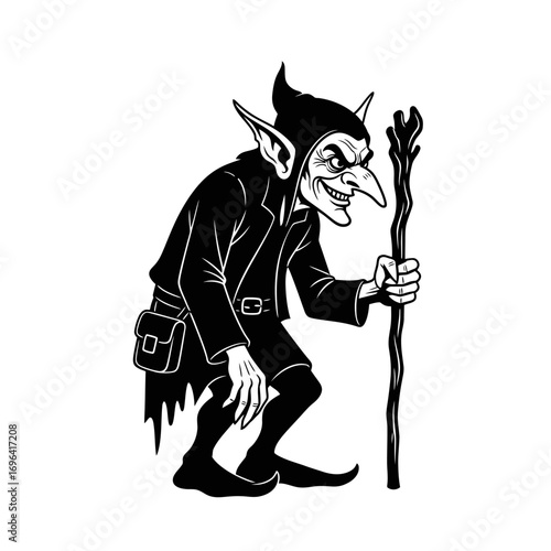 Eerie goblin lurking in the shadows, a spooky creature perfect for Halloween designs and fantasy illustrations, bringing a touch of dark magic to your project with this sinister character