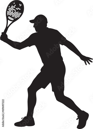 Black silhouette of a man playing tennis hitting a forehand shot sport racket