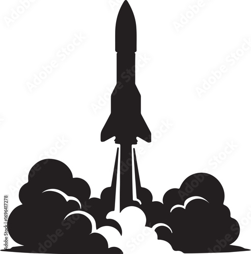Black silhouette of a rocket launching with smoke plumes against a white background space spaceship
