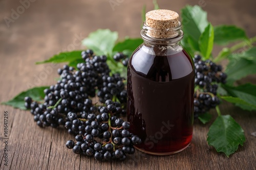 Tasty homemade elderberry syrup in a glass container surrounded by fresh elderberries and green foliage on a wooden surface. Natural flu-fighting immune booster syrup.