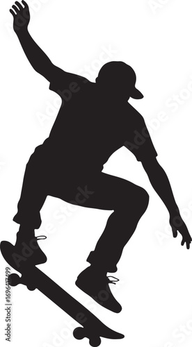 Black silhouette of a skateboarder performing a trick in mid-air white
