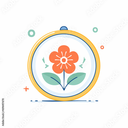 Embroidery Hoop With Orange Flower Green Leaves And Gold Frame