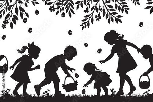 Black silhouette of children collecting Easter eggs in a grassy field with flowers and branches Easter egg hunt