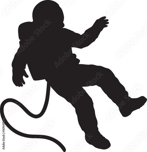 Black silhouette of an astronaut floating with a tether space