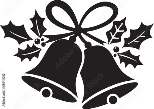 Black silhouette of two Christmas bells with holly leaves and a ribbon bow berries