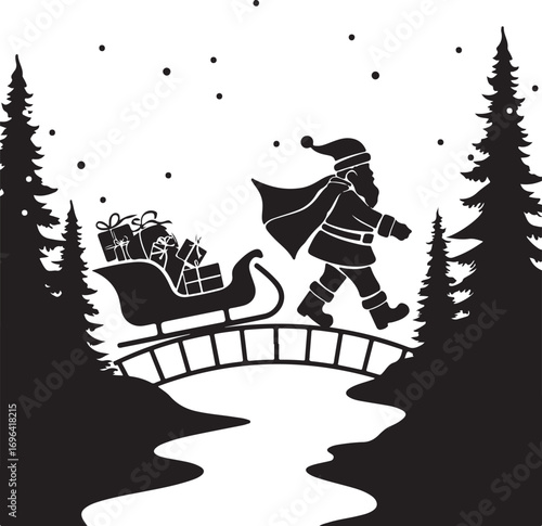Black silhouette of Santa Claus pulling a sleigh full of gifts across a bridge over a river with pine trees and falling snow