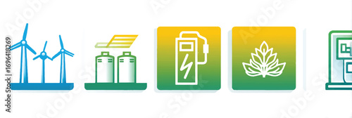 Renewable Energy Icons Graphic Depicting Wind Turbines Solar Panels Electric Vehicle Charging and Biofuel Production