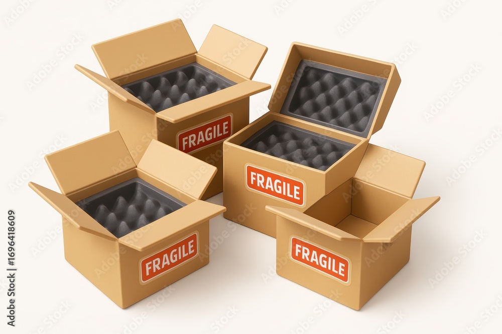 Fototapeta premium Open cardboard boxes with fragile labels and protective foam inserts ready for shipping