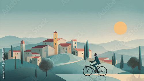 Scenic Tuscan Landscape with Cyclist at Sunrise Featuring Village Buildings and Rolling Hills Creating a Serene Vista