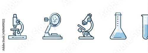 Scientific laboratory equipment icons featuring microscopes flask test tube medical analysis and research tools