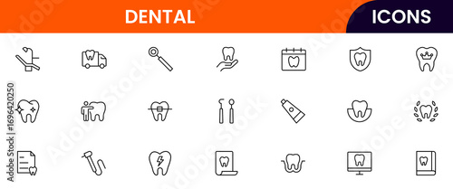 Dental vector web line icon collection, sleek illustrations of teeth, tools, and oral care for professional dental and health designs.
