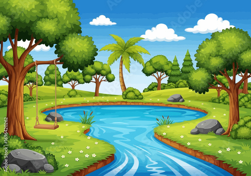 Vector art of lush green landscape with a winding river, a swing hanging from a tree, and a serene pond under a blue sky