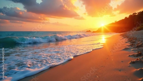 Golden hour sunlight bathes a tranquil sunrise beach, illuminating the sand and calm ocean waves Perfect for travel, vacation, and nature themes , travel, golden hour, beach