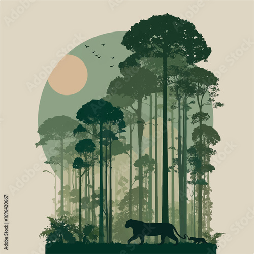 Serene rainforest silhouette with vibrant green trees majestic wildlife and a warm gentle sun