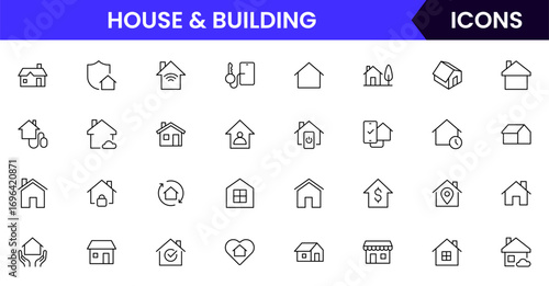 A clean vector icon set featuring home-related symbols like houses, keys, locks, and interiors, rentals, or smart home