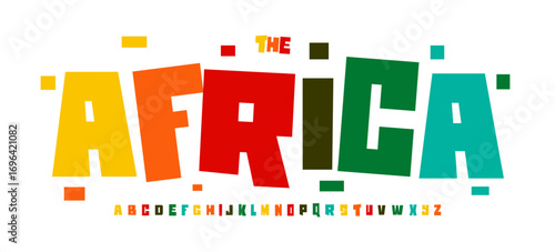 Funky afro tribal alphabet, bold squared childish letters, colorful kids font for party logo, safari game headline, playful typographic design, modern African inspired typography. Vector typeset.