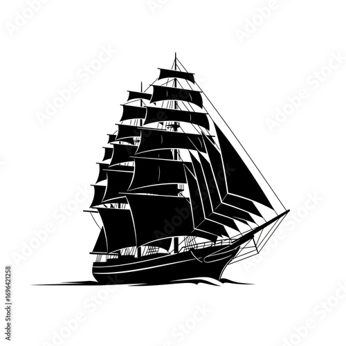 Stunning black and white illustration of a majestic tall ship sailing the open seas, perfect for historical projects, nautical themes, and adding a touch of classic adventure