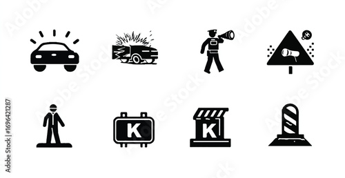 Set of law enforcement traffic and emergency situation icons for transportation safety and security