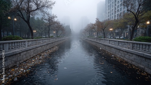 Pollution in city canal drain overflowing with debris urban environment foggy viewpoint