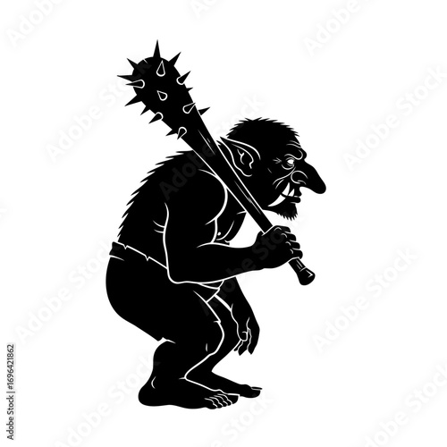 Menacing troll silhouette wielding spiked club ready for battle, perfect for fantasy game designs, folklore illustrations, and mythical creature projects that need a fearsome character