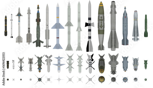 isolated Military Missiles and Bombs – Set of Aerial Weapons, Front and Top View