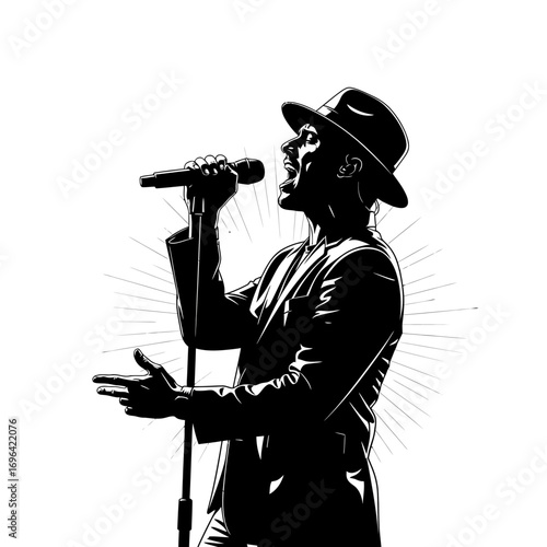 Feel the Rhythm Get Ready for a Night of Unforgettable Music with a Stylish Singer in a Hat Holding a Microphone Against a White Background, Perfect for Concert Posters