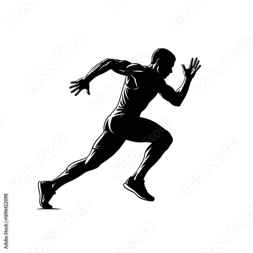 Dynamic silhouette of a powerful runner sprinting with incredible speed and determination, perfect for illustrating fitness, athletic achievement, and competitive spirit, an iconic symbol of success