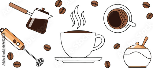 Hot steaming coffee and brewing accessories for a perfect morning ritual