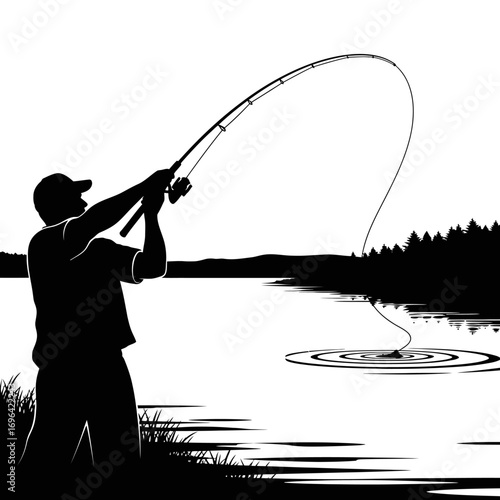 Silhouette of a determined fisherman casting his line into a serene lake surrounded by a lush forest, evoking a sense of peaceful outdoor adventure and the thrill of the catch