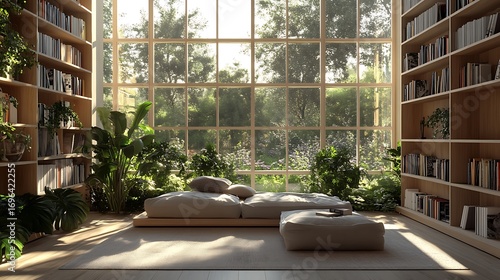 Modern library room design with nature view and sunlight for reading and relaxation space concept