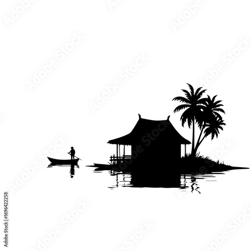 silhouette of a house on the water, sea, beach, water, ocean, sky, maldives, island, holiday, hotel, tropical, sunset, nature, resort, travel, landscape, vacation, house, palm, bungalow, paradise, lag