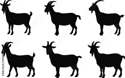 Black goat silhouette icon set featuring diverse horn shapes, body postures, and beard styles for animal design and reference