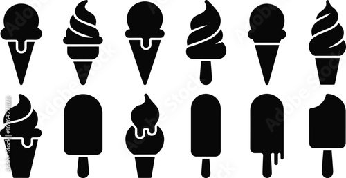 Black ice cream silhouette icon set featuring cones, popsicles, and soft serve designs with dripping and swirl details