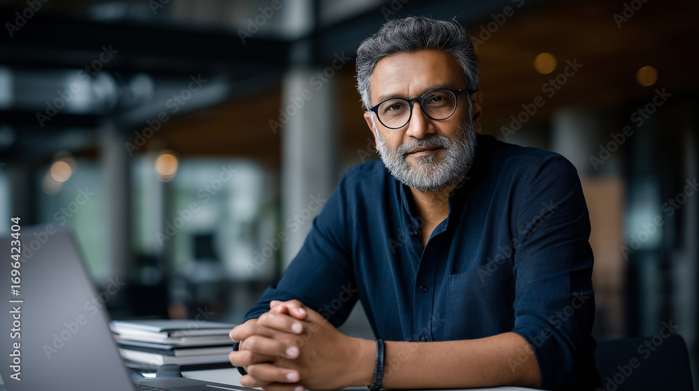 Fototapeta premium Portrait of middle aged Indian man with gray beard and glasses sitting at desk in modern office clasping hands and looking directly at camera laptop and books visible profession