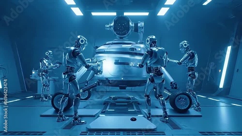 Advanced Humanoid Robots Working on an Automobile Assembly Line.