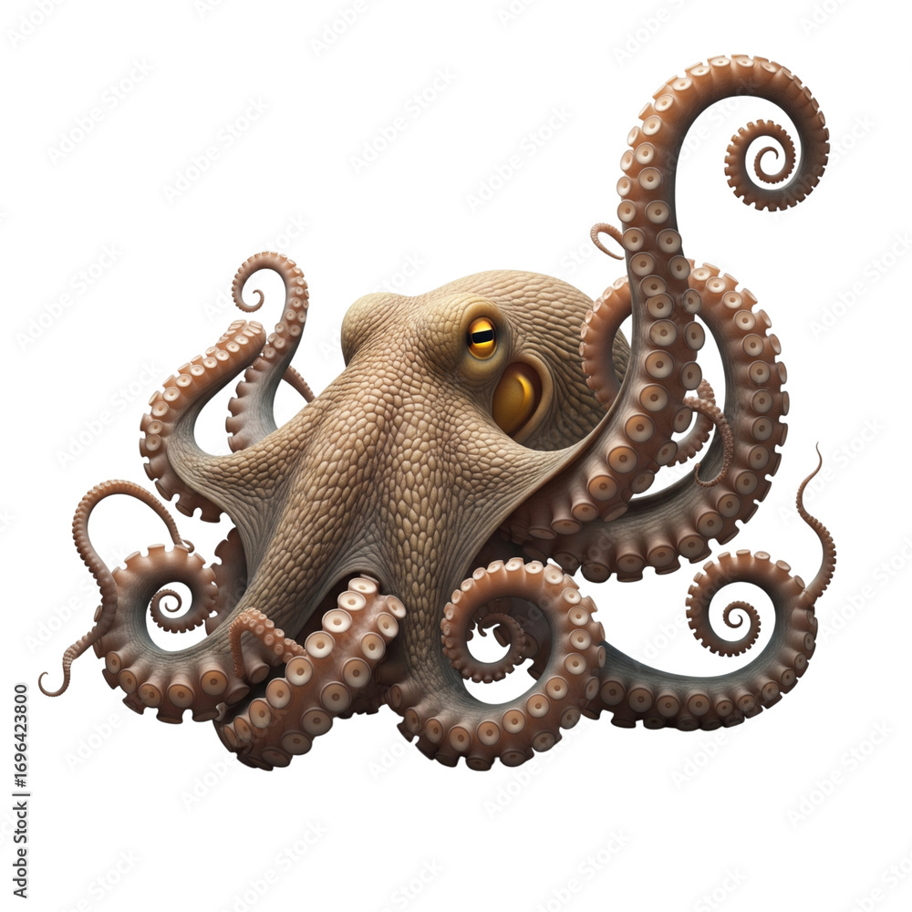 Fototapeta premium Detailed octopus with tentacles curled isolated on transparent background