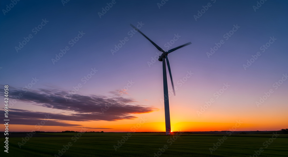 Fototapeta premium Wind Turbine Spinning in a Vibrant Sunset Sky Over a Green Field