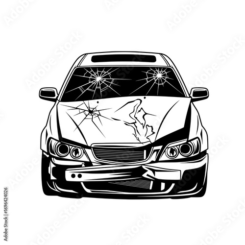 Black vector drawing of a wrecked car with crushed front and cracked windows, isolated on white background