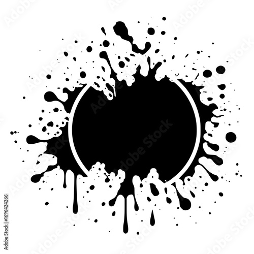Dynamic black ink splash design with a circular blank space for text or logo placement