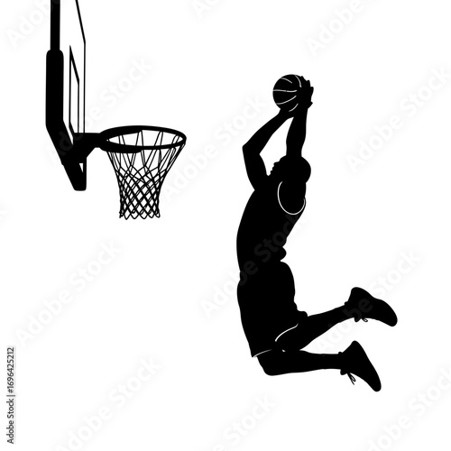 Dynamic basketball player silhouette soaring for a slam dunk, embodying athletic prowess and competitive spirit against a clean white background, perfect for sports marketing and design projects