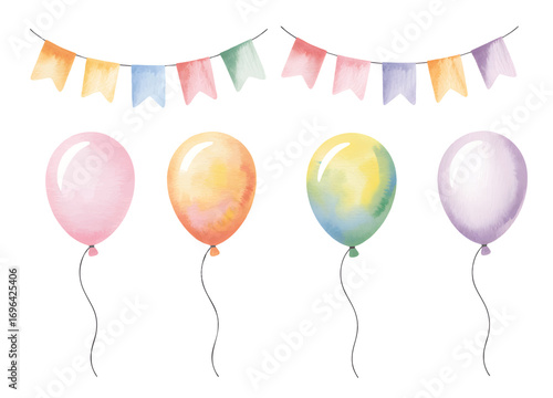 Watercolor cartoon balloons for kids party. Colorful festive balloons and flags illustration.