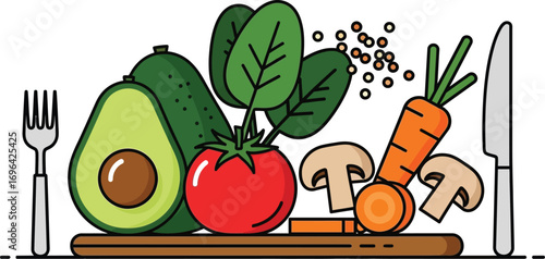 Vibrant assortment of fresh vegetables and ingredients arranged for healthy meal preparation