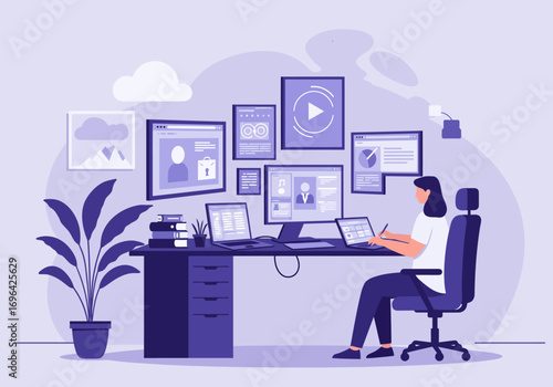 A person working efficiently from home on multiple computer screens and laptops in a dedicated workspace