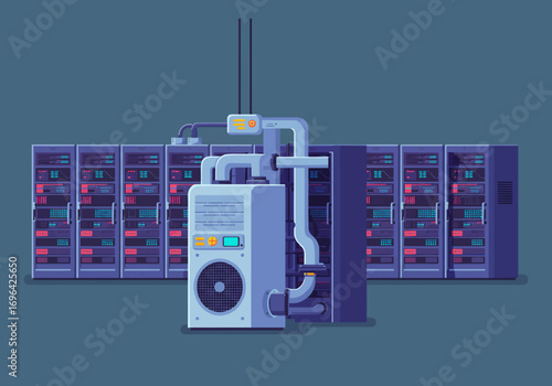 Data Center Cooling Systems Air Conditioning Units and Server Racks Illustration