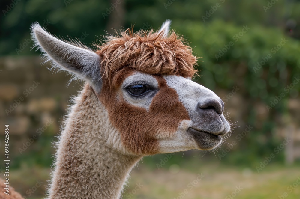 Fototapeta premium Detailed view of a llama inside a fenced area