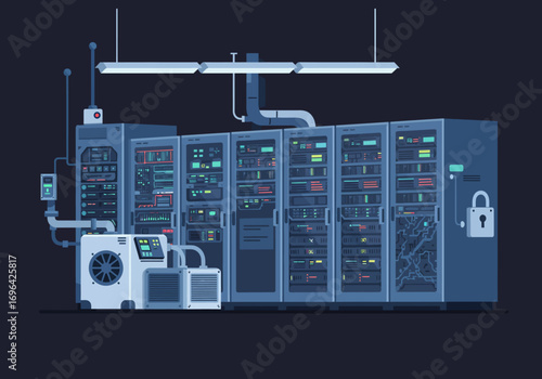 A modern illustration of a secure data center featuring multiple server racks, cooling units, and active network infrastructure.