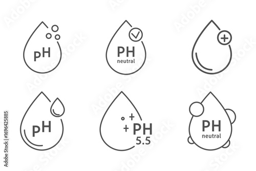 Ph icon, line simple set. Neutral balance skin, thin line web symbol. Drop with PH symbol. certified, tested products for skin, hair and food. Healthcare cosmetic natural 